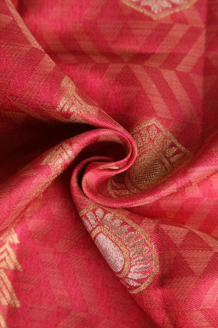 Strawberry Pink Semi Raw Silk Printed with Gold And Silver Zari Leaf Pattern view 4