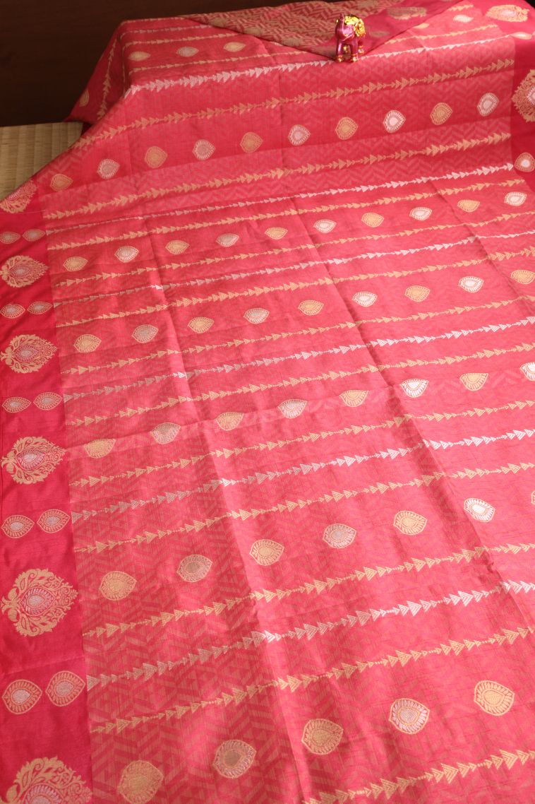 Strawberry Pink Semi Raw Silk Printed with Gold And Silver Zari Leaf Pattern view 2