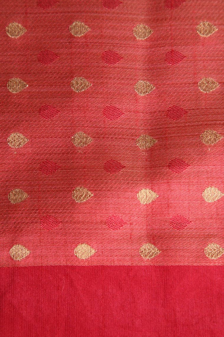 Strawberry Pink Semi Raw Silk Printed with Gold And Silver Zari Leaf Pattern view 3