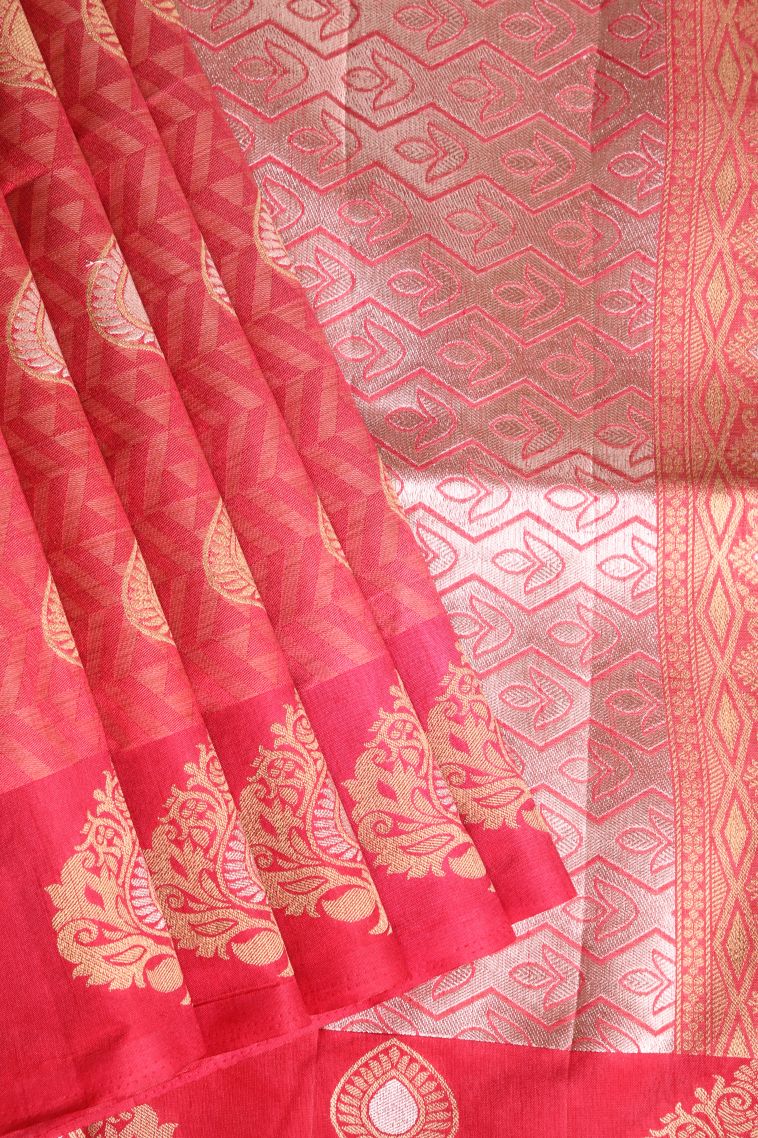 Strawberry Pink Semi Raw Silk Printed with Gold And Silver Zari Leaf Pattern