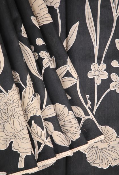 Jungle Black Tussar Saree with Without Zari Zari Floral Patterns