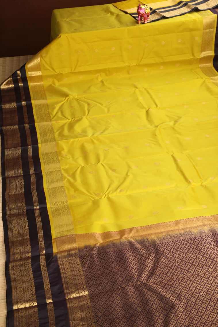 Lemon Yellow Soft Silk Saree with Gold Zari Floral Puttas view 2