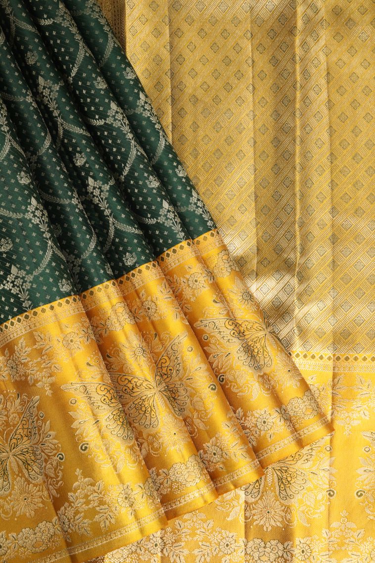 Bottle Green Kanchipuram Silk Sarees with Gold Zari Geometric Shapes view 1