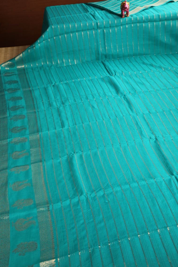 Sapphire Blue Fancy Saree with Gold Zari Temple Pattern view 2