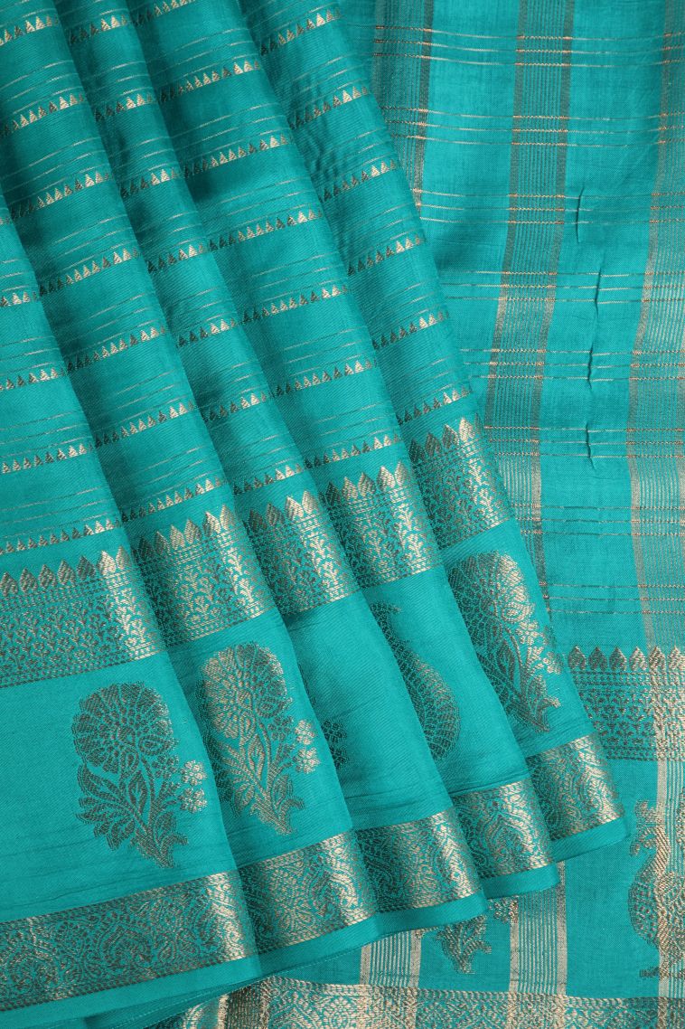 Sapphire Blue Fancy Saree with Gold Zari Temple Pattern view 1