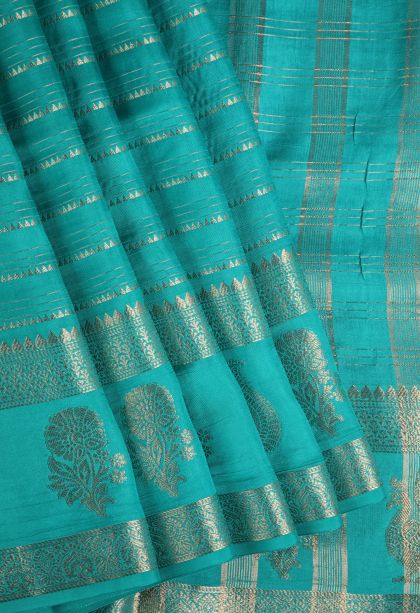 Sapphire Blue Fancy Saree with Gold Zari Temple Pattern
