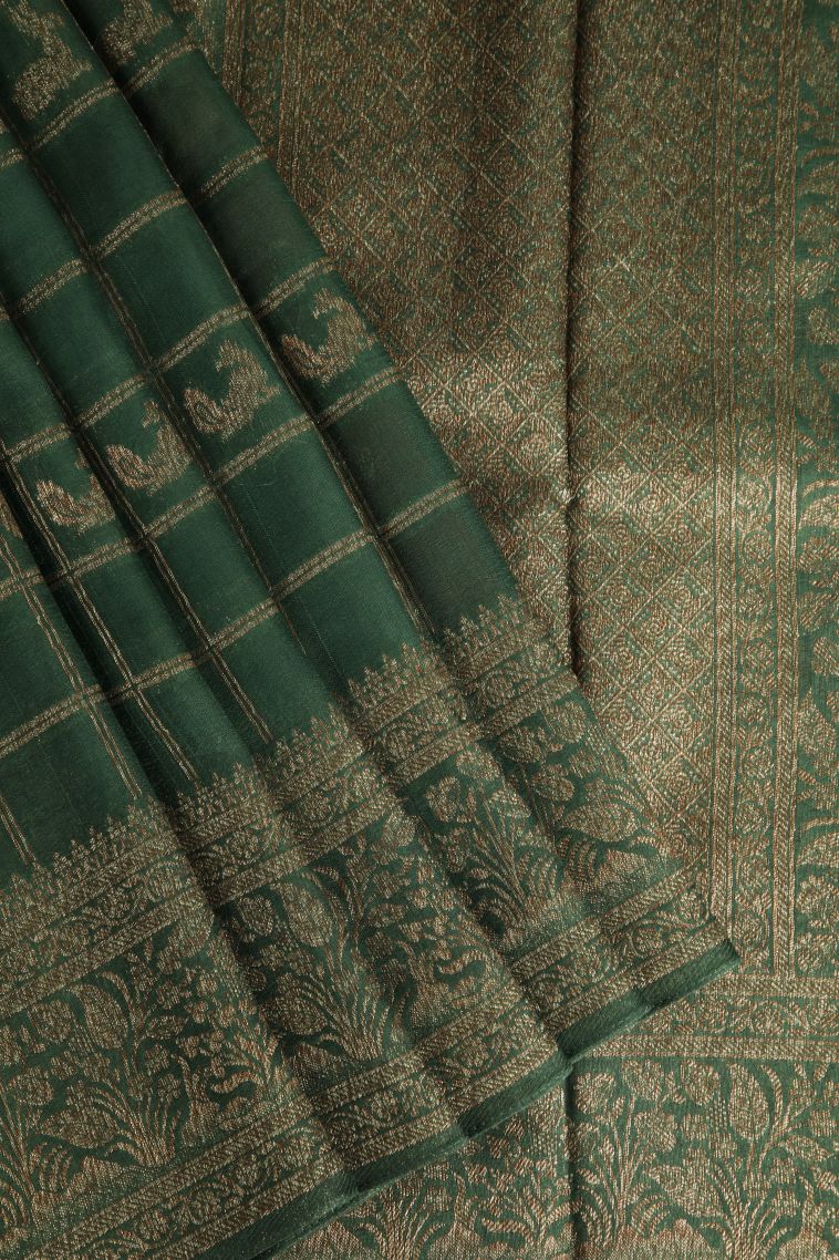 Basil Green Banaras Sarees with Antic Zari Checks view 1