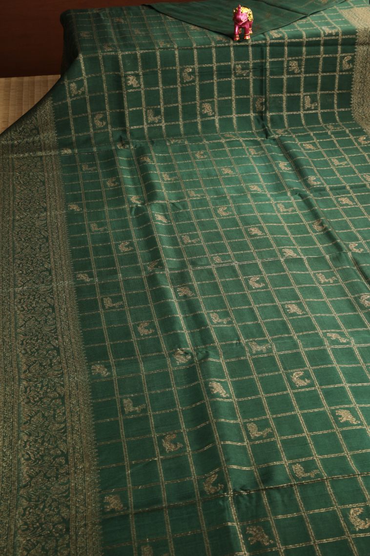 Basil Green Banaras Sarees with Antic Zari Checks view 2