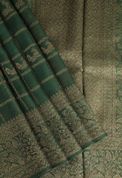Basil Green Banaras Sarees with Antic Zari Checks