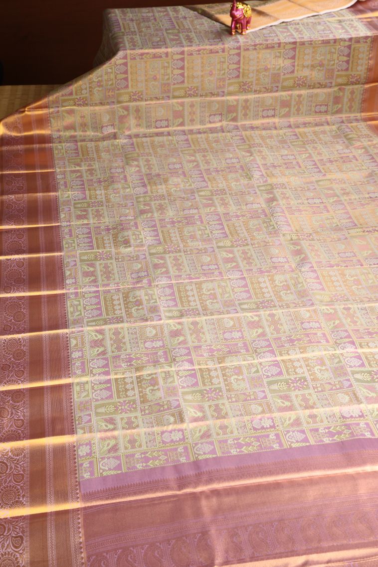 Crepe Pink Visiri Madippu Silk Sarees with Copper Zari Animal And Bird Motifs view 2