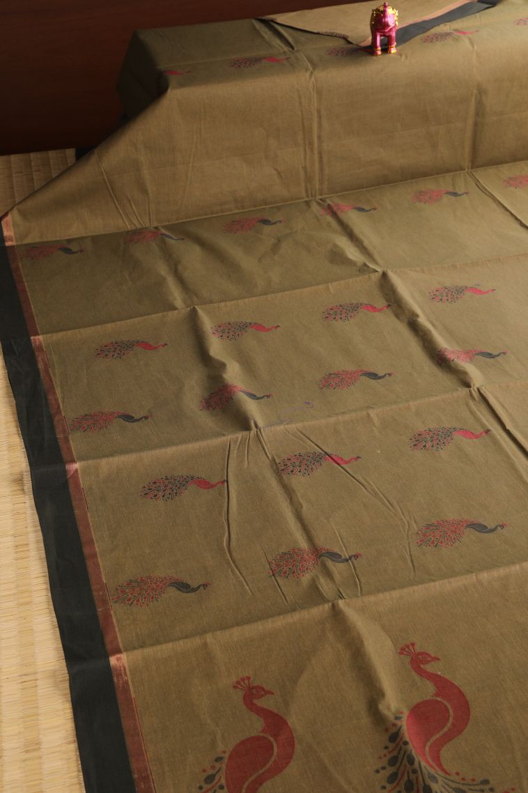Tortilla Brown Kovai Cotton Sarees with Without Zari Zari Peacock Motifs view 2