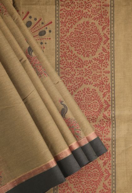 Tortilla Brown Kovai Cotton Sarees with Without Zari Zari Peacock Motifs