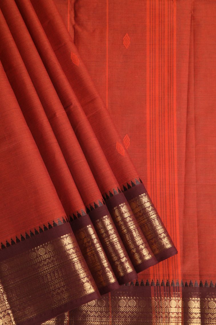 Dawn Red Chettinad Cotton Sarees with Gold Zari Buttis (small Dots Or Motifs) view 1