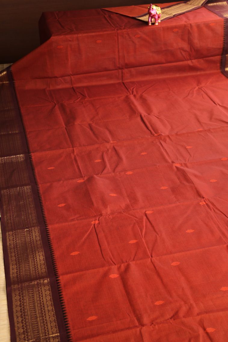 Dawn Red Chettinad Cotton Sarees with Gold Zari Buttis (small Dots Or Motifs) view 2