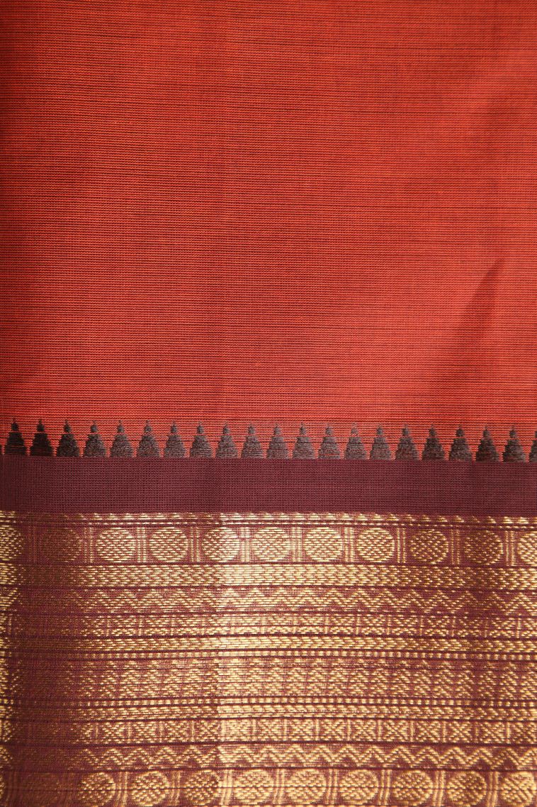 Dawn Red Chettinad Cotton Sarees with Gold Zari Buttis (small Dots Or Motifs) view 3