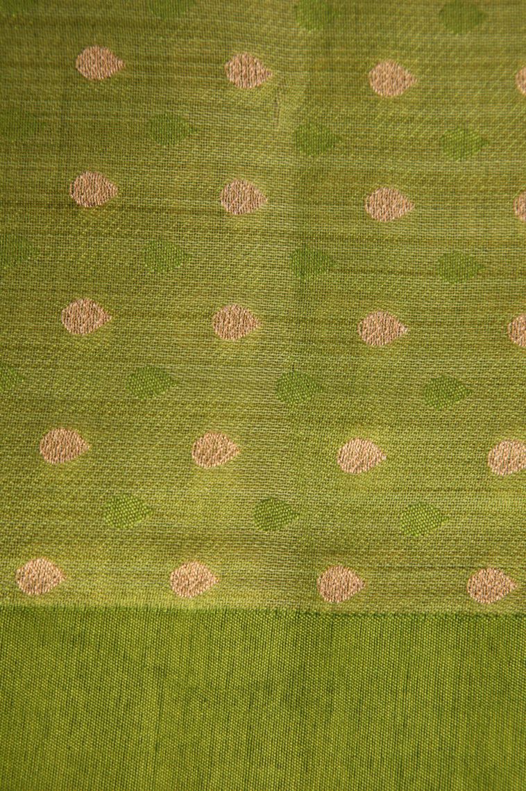 Olive Green Semi Raw Silk Printed with Gold And Silver Zari Floral Patterns view 3