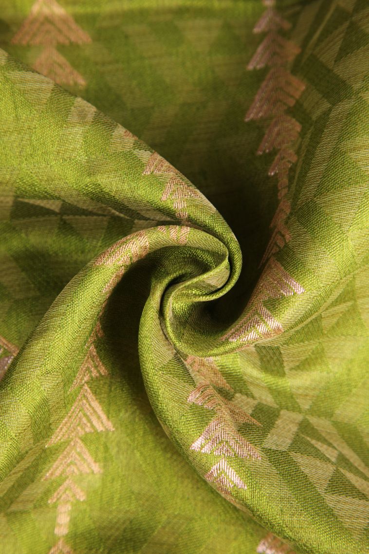 Olive Green Semi Raw Silk Printed with Gold And Silver Zari Floral Patterns view 4