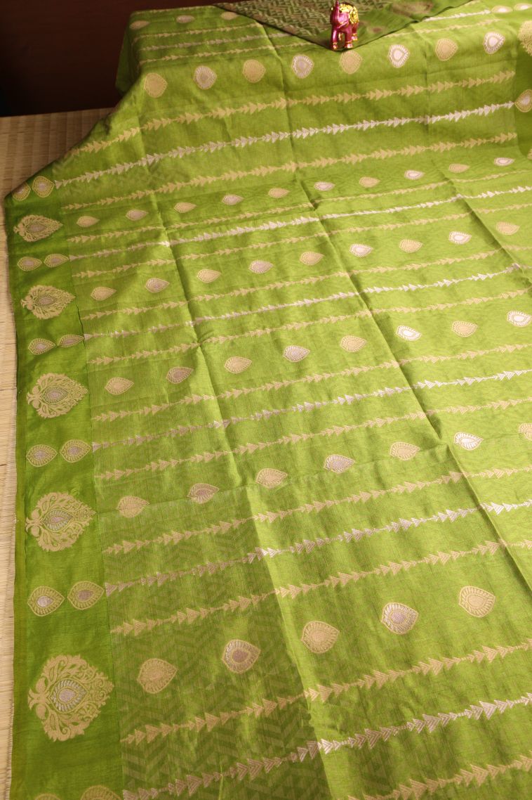 Olive Green Semi Raw Silk Printed with Gold And Silver Zari Floral Patterns view 2