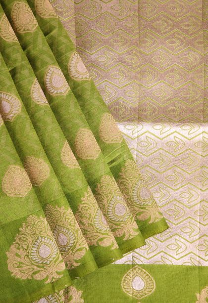 Olive Green Semi Raw Silk Printed with Gold And Silver Zari Floral Patterns