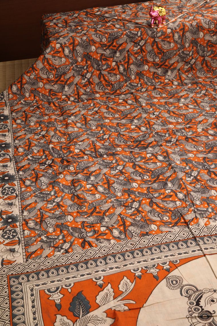 Candy Orange Kalamkari with Without Zari Zari Birds Mottif view 2