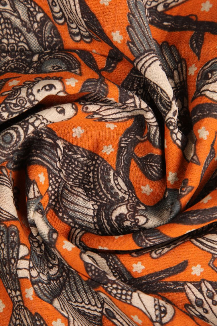 Candy Orange Kalamkari with Without Zari Zari Birds Mottif view 4