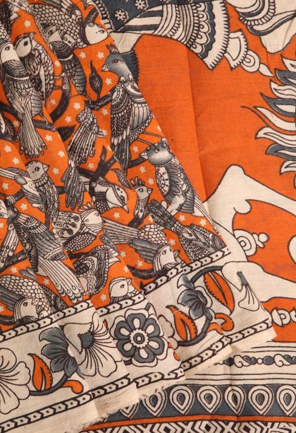 Candy Orange Kalamkari with Without Zari Zari Birds Mottif
