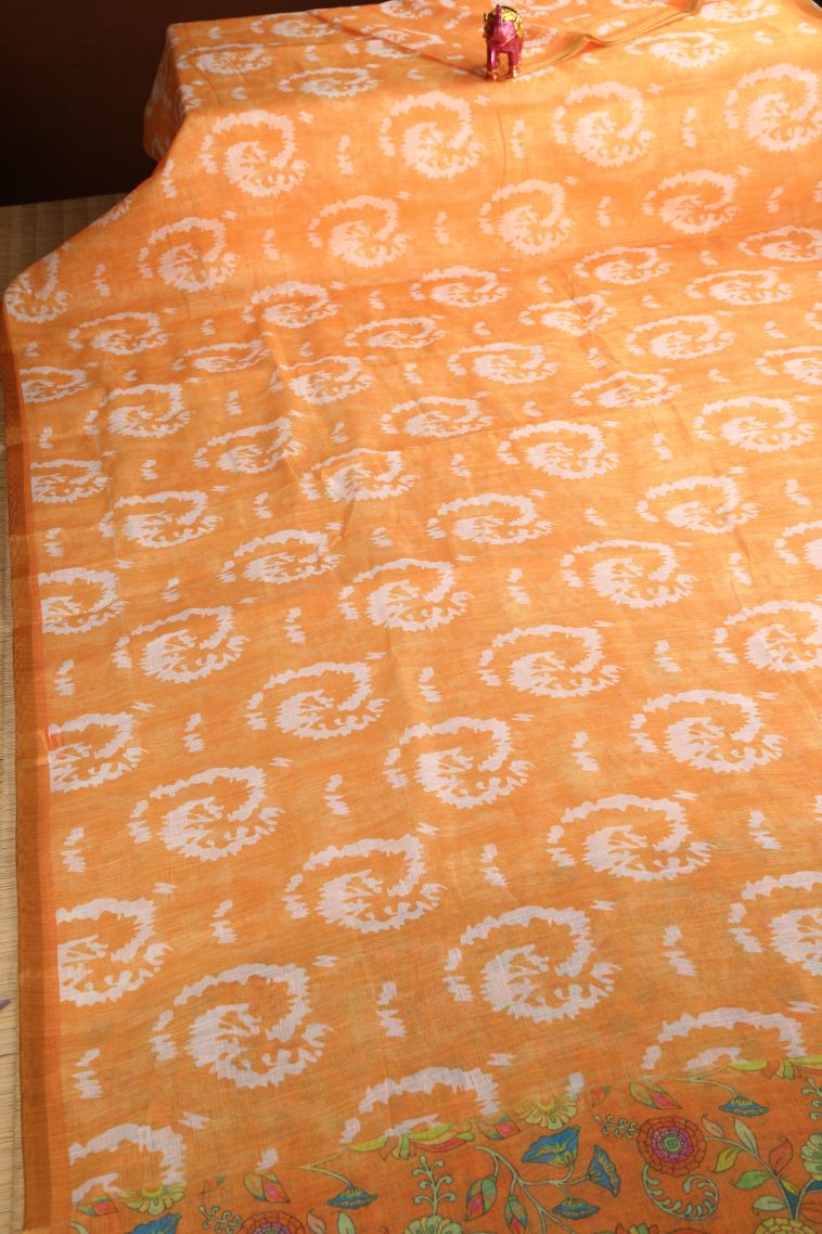 Apricot Orange Linen Saree with Without Zari Zari Pathik Motifs view 2
