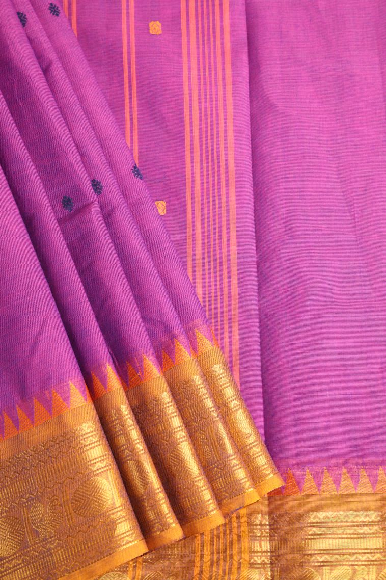 Fuscia Pink Chettinad Cotton Sarees with Gold Zari Buttis (small Dots Or Motifs) view 1