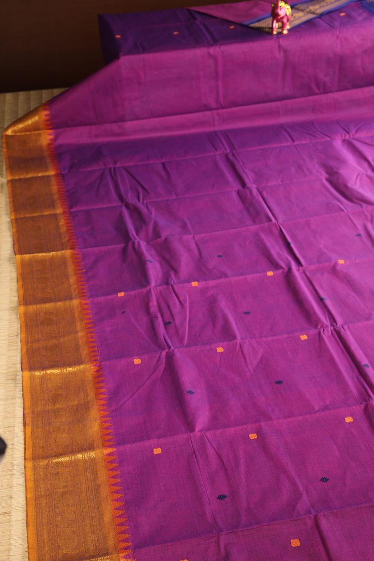 Fuscia Pink Chettinad Cotton Sarees with Gold Zari Buttis (small Dots Or Motifs) view 2