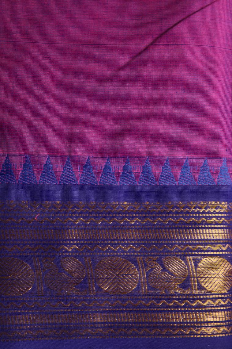 Fuscia Pink Chettinad Cotton Sarees with Gold Zari Buttis (small Dots Or Motifs) view 3