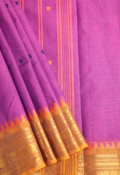 Fuscia Pink Chettinad Cotton Sarees with Gold Zari Buttis (small Dots Or Motifs)