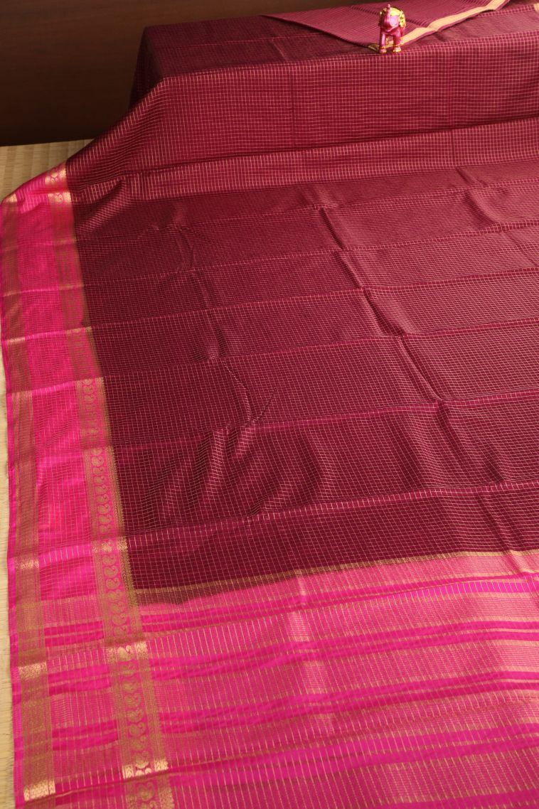Cherry  Red Fancy Saree with Gold Zari Checks view 2