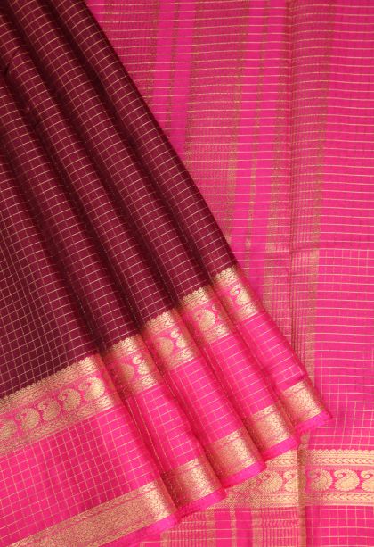 Cherry  Red Fancy Saree with Gold Zari Checks
