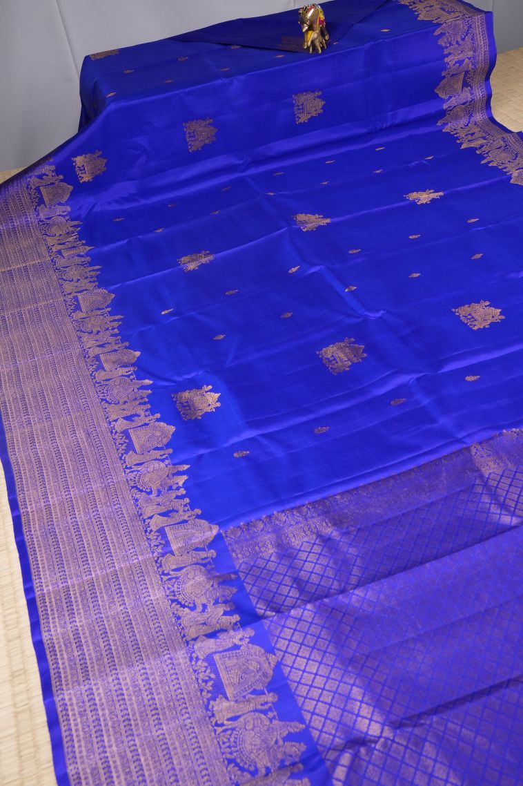 Admiral Blue Kanchipuram Silk Sarees with Gold Zari Charit Mottif view 2