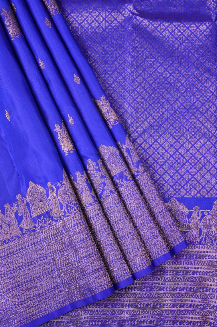 Admiral Blue Kanchipuram Silk Sarees with Gold Zari Charit Mottif view 1