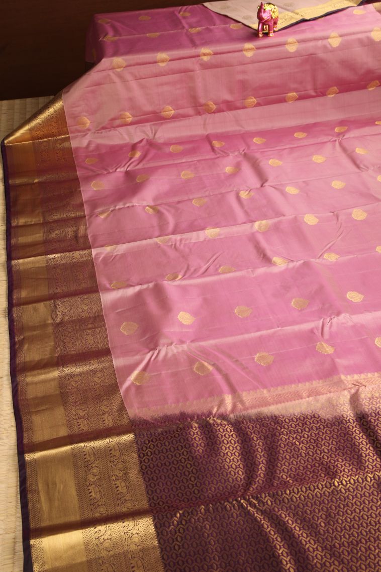 Lemonade Pink Soft Silk Saree with Gold Zari Floral Patterns view 2