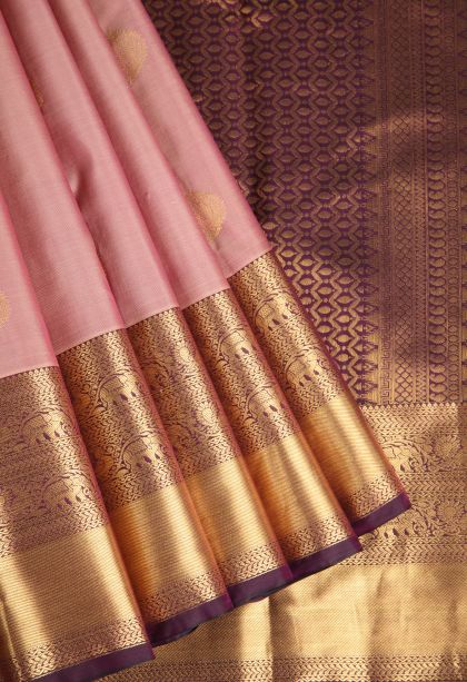 Lemonade Pink Soft Silk Saree with Gold Zari Floral Patterns