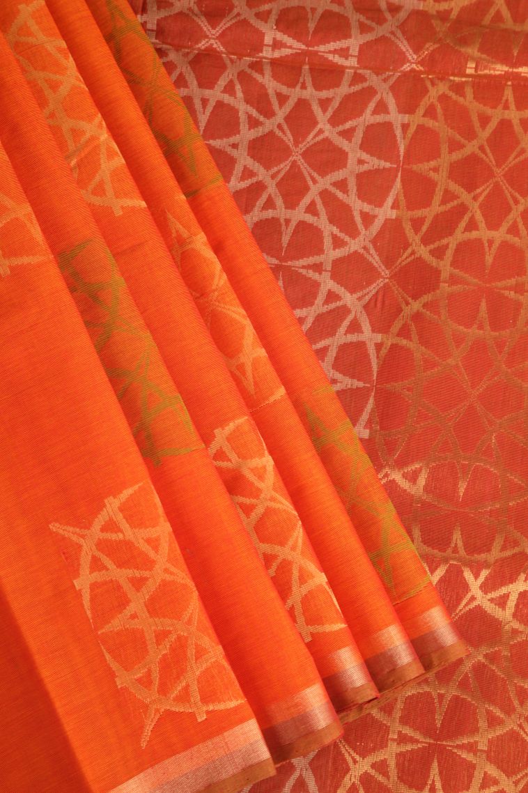 Carrot Orange Kovai Cotton Sarees with Gold Zari Geometric Shapes