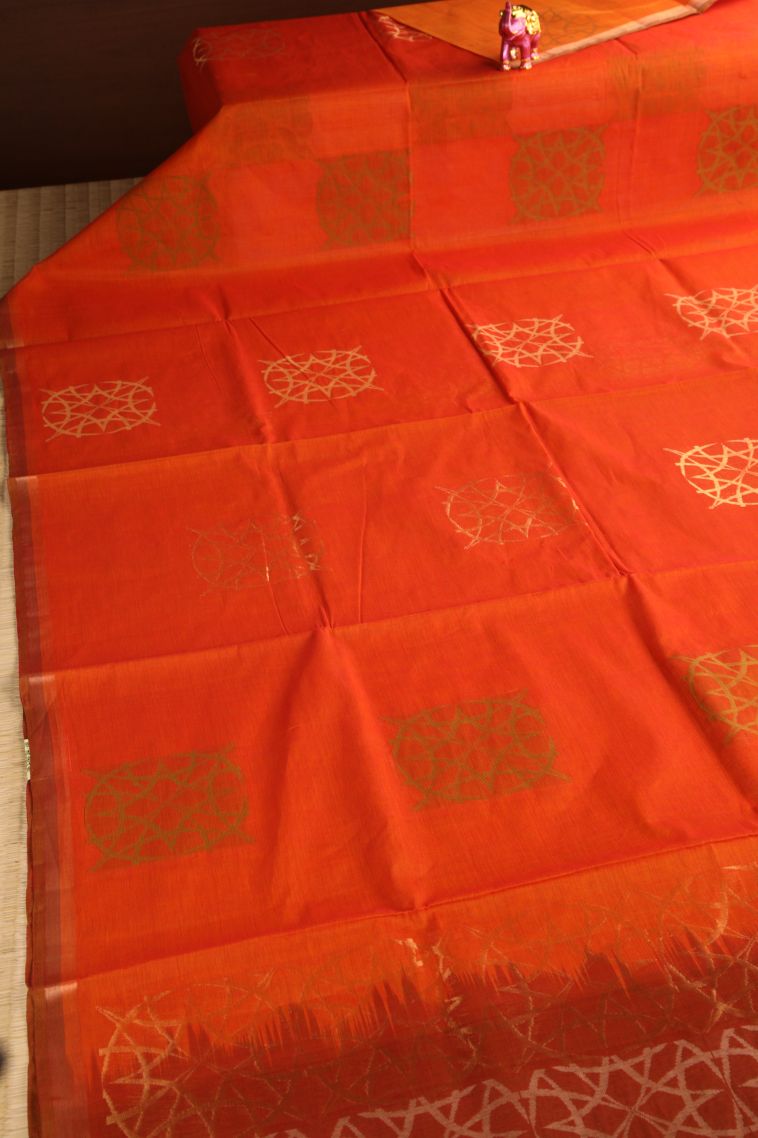 Carrot Orange Kovai Cotton Sarees with Gold Zari Geometric Shapes view 2