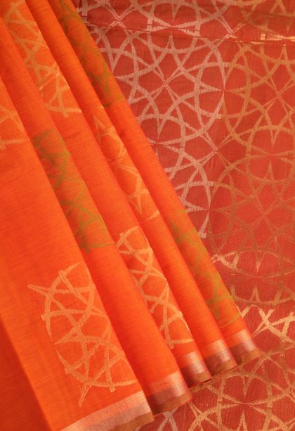 Carrot Orange Kovai Cotton Sarees with Gold Zari Geometric Shapes