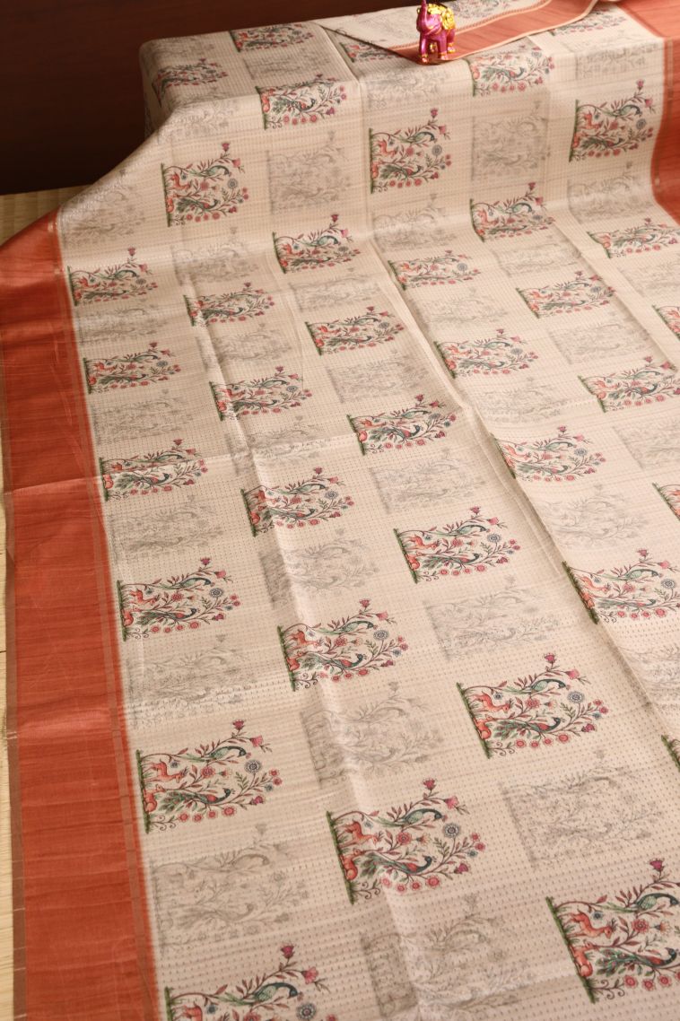 Vanilla Custard Yellow Semi Tussar Silk with Gold Zari Peacock And Animal view 2