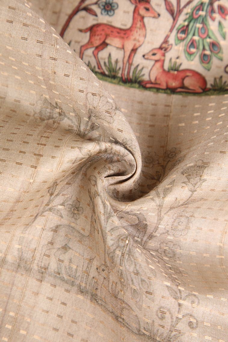 Vanilla Custard Yellow Semi Tussar Silk with Gold Zari Peacock And Animal view 4