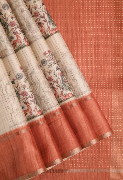 Vanilla Custard Yellow Semi Tussar Silk with Gold Zari Peacock And Animal