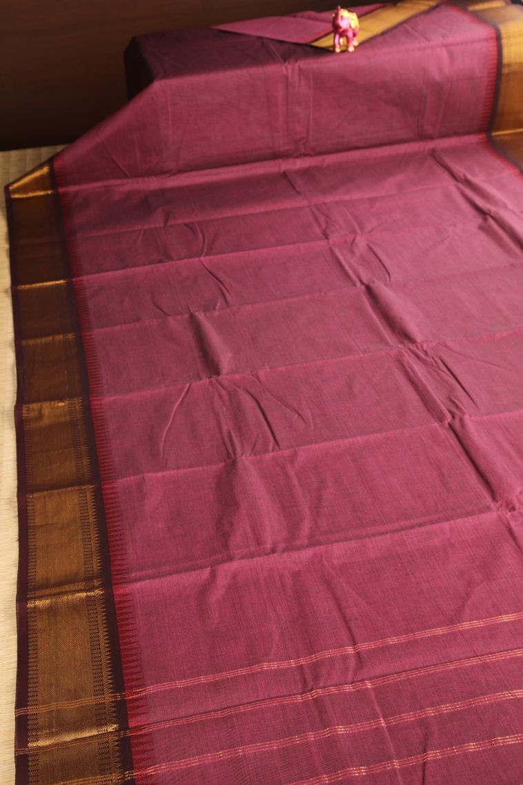 Rouge Pink Chettinad Cotton Sarees with Gold Zari Plain view 2
