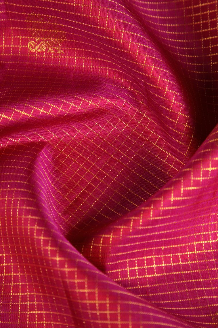 Cherry  Red Kanchipuram Silk Sarees with Gold Zari Checks And Puttas view 4