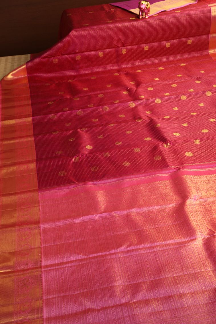 Cherry  Red Kanchipuram Silk Sarees with Gold Zari Checks And Puttas view 2