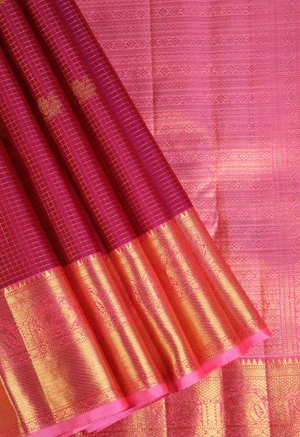 Cherry  Red Kanchipuram Silk Sarees with Gold Zari Checks And Puttas
