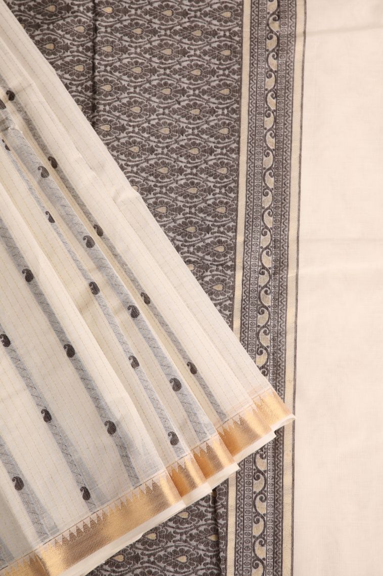 Ivory White Kanchi Cotton Sarees with Gold Zari Manga view 1