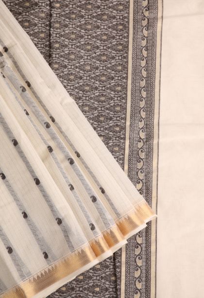 Ivory White Kanchi Cotton Sarees with Gold Zari Manga