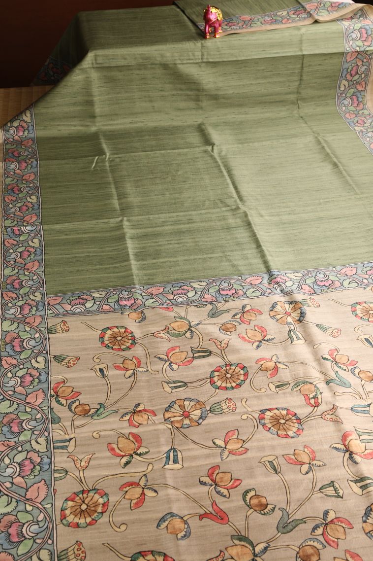 Olive Green Semi Tussar Silk with Without Zari Zari Plain view 2